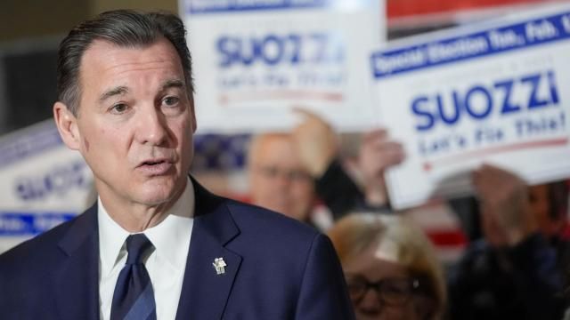 Former U.S. Rep. Tom Suozzi speaks during a campaign canvass kick off event, Sunday, Feb. 11, 2024, in Plainview N.Y. The race to replace disgraced former Rep. George Santos pits Democrat congressional candidate Suozzi against Republican Mazi Pilip in New York's 3rd district. (AP Photo/Mary Altaffer) Former U.S. Rep. Tom Suozzi speaks during a campaign canvass kick off event, Sunday, Feb. 11, 2024, in Plainview N.Y. The race to replace disgraced former Rep. George Santos pits Democrat congressional candidate Suozzi against Republican Mazi Pilip in New York's 3rd district. (AP Photo/Mary Altaffer)