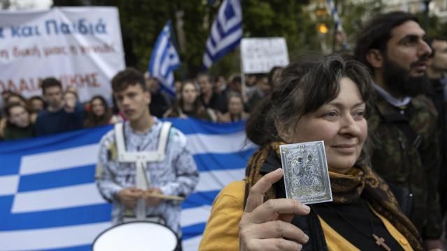 A protester holds a Holy Icon during a rally against same-sex marriage, at central Syntagma Square, in Athens, Greece, Sunday, Feb. 11, 2024. Lawmakers begin a debate Wednesday on a landmark bill to legalize same-sex marriage that would make Greece the first Orthodox Christian country to do so. (AP Photo/Yorgos Karahalis) A protester holds a Holy Icon during a rally against same-sex marriage, at central Syntagma Square, in Athens, Greece, Sunday, Feb. 11, 2024. Lawmakers begin a debate Wednesday on a landmark bill to legalize same-sex marriage that would make Greece the first Orthodox Christian country to do so. (AP Photo/Yorgos Karahalis)