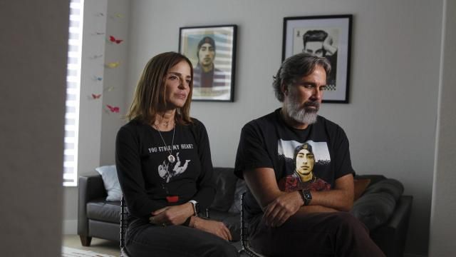 Manuel and Patricia Oliver, the parents of Joaquin Oliver, one of the victims of the 2018 mass shooting at Marjory Stoneman Douglas High School in Parkland, Fla., sit for an interview in Coral Springs, Fla., on Friday Feb. 9, 2024. The Olivers are launching a campaign where re-created voices of gun violence victims will call federal lawmakers. The recordings re-creating voices of victims from around the country are being robocalled to U.S. senators and House members who oppose stricter gun laws. (AP Photo/Cody Jackson) Manuel and Patricia Oliver, the parents of Joaquin Oliver, one of the victims of the 2018 mass shooting at Marjory Stoneman Douglas High School in Parkland, Fla., sit for an interview in Coral Springs, Fla., on Friday Feb. 9, 2024. The Olivers are launching a campaign where re-created voices of gun violence victims will call federal lawmakers. The recordings re-creating voices of victims from around the country are being robocalled to U.S. senators and House members who oppose stricter gun laws. (AP Photo/Cody Jackson)