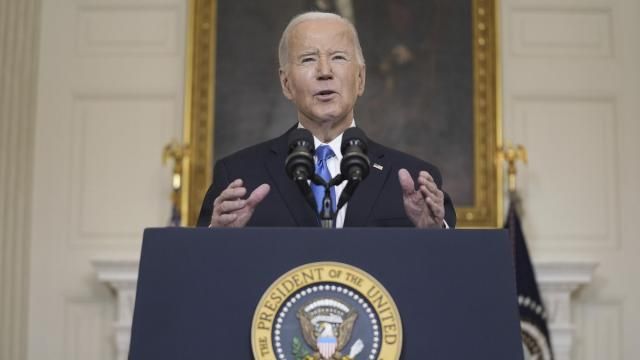 President Joe Biden delivers remarks on a $95 billion Ukraine Israel aid package being debated in Congress, in the State Dining Room of the White House, Tuesday, Feb. 13, 2024, in Washington. (AP Photo/Evan Vucci) President Joe Biden delivers remarks on a $95 billion Ukraine Israel aid package being debated in Congress, in the State Dining Room of the White House, Tuesday, Feb. 13, 2024, in Washington. (AP Photo/Evan Vucci)