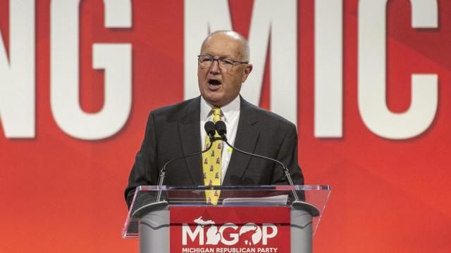 FILE - Former U.S. Ambassador to the Netherlands and Michigan 2nd District Rep. Pete Hoekstra speaks to open the Michigan Republican Convention at Devos Place, April 23, 2022, in Grand Rapids, Mich. On Wednesday, Feb. 14, 2024, former Hoekstra was officially recognized by the national Republican party as the Michigan Republican Party chairman and ruled that Kristina Karamo was correctly removed from the position earlier this year. (Daniel Shular/The Grand Rapids Press via AP, File) FILE - Former U.S. Ambassador to the Netherlands and Michigan 2nd District Rep. Pete Hoekstra speaks to open the Michigan Republican Convention at Devos Place, April 23, 2022, in Grand Rapids, Mich. On Wednesday, Feb. 14, 2024, former Hoekstra was officially recognized by the national Republican party as the Michigan Republican Party chairman and ruled that Kristina Karamo was correctly removed from the position earlier this year. (Daniel Shular/The Grand Rapids Press via AP, File)