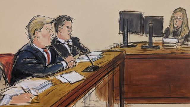 FILE - This artist sketch depicts former President Donald Trump, far left, pleading not guilty as the Clerk of the Court reads the charges and asks him "How do you plea?" Tuesday, April 4, 2023, in a Manhattan courtroom in New York, as his attorney Joseph Tacopina, center, watches. Trump is expected in court Thursday, Feb. 15, 2024, for a hearing in his New York hush-money criminal case, which now appears increasingly likely to go to trial in March. Judge Juan Manuel Merchan is expected to rule on key pretrial issues and say for certain if the former president's trial will begin as scheduled on March 25. (Elizabeth Williams via AP, File) FILE - This artist sketch depicts former President Donald Trump, far left, pleading not guilty as the Clerk of the Court reads the charges and asks him "How do you plea?" Tuesday, April 4, 2023, in a Manhattan courtroom in New York, as his attorney Joseph Tacopina, center, watches. Trump is expected in court Thursday, Feb. 15, 2024, for a hearing in his New York hush-money criminal case, which now appears increasingly likely to go to trial in March. Judge Juan Manuel Merchan is expected to rule on key pretrial issues and say for certain if the former president's trial will begin as scheduled on March 25. (Elizabeth Williams via AP, File)