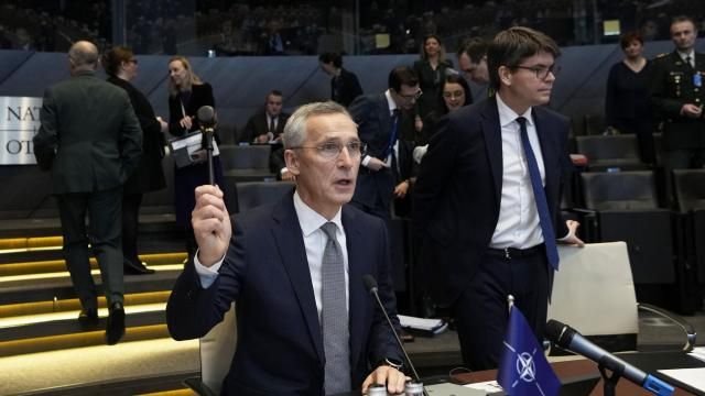 NATO Secretary General Jens Stoltenberg bangs a gavel to signify the start of a meeting of the North Atlantic Council in defense ministers session at NATO headquarters in Brussels, Thursday, Feb. 15, 2024. (AP Photo/Virginia Mayo) NATO Secretary General Jens Stoltenberg bangs a gavel to signify the start of a meeting of the North Atlantic Council in defense ministers session at NATO headquarters in Brussels, Thursday, Feb. 15, 2024. (AP Photo/Virginia Mayo)