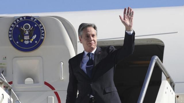 U.S. Secretary of State Antony Blinken arrives at Nene Tereza International Airport in Tirana, Albania, Thursday, Feb. 15, 2024. Blinken visits Albania to reaffirm Washington's relations with a key partner in the Western Balkan region and an ally in supporting Ukraine's sovereignty and territorial integrity. (AP Photo/Armando Babani, Pool) U.S. Secretary of State Antony Blinken arrives at Nene Tereza International Airport in Tirana, Albania, Thursday, Feb. 15, 2024. Blinken visits Albania to reaffirm Washington's relations with a key partner in the Western Balkan region and an ally in supporting Ukraine's sovereignty and territorial integrity. (AP Photo/Armando Babani, Pool)