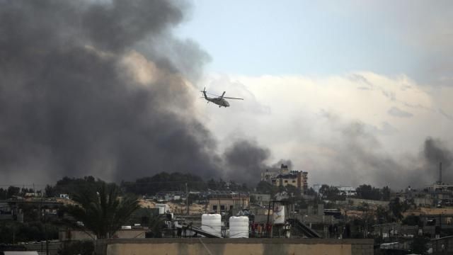 Israeli helicopter flies over Khan Younis, Gaza Strip, Thursday, Feb. 15, 2024. (AP Photo/Mohammed Dahman) Israeli helicopter flies over Khan Younis, Gaza Strip, Thursday, Feb. 15, 2024. (AP Photo/Mohammed Dahman)