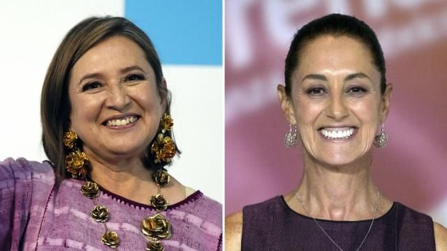 FILES - This combination of two file photos shows Xochitl Galvez, at left, arriving to register her name as a presidential candidate on July 4, 2023 in Mexico City, and at right, Claudia Sheinbaum at an event that presented her as her party's presidential nominee on Sept. 6, 2023 in Mexico City. (AP Photo/Fernando Llano, Files) FILES - This combination of two file photos shows Xochitl Galvez, at left, arriving to register her name as a presidential candidate on July 4, 2023 in Mexico City, and at right, Claudia Sheinbaum at an event that presented her as her party's presidential nominee on Sept. 6, 2023 in Mexico City. (AP Photo/Fernando Llano, Files)