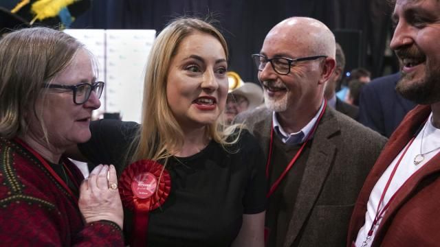 Labour Party candidate Gen Kitchen celebrates with her family after being declared winner in the Wellingborough by-election at the Kettering Leisure Village, Northamptonshire, Friday Feb. 16, 2024. (Joe Giddens/PA via AP) Labour Party candidate Gen Kitchen celebrates with her family after being declared winner in the Wellingborough by-election at the Kettering Leisure Village, Northamptonshire, Friday Feb. 16, 2024. (Joe Giddens/PA via AP)