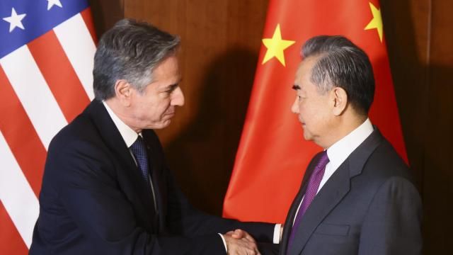 U.S. Secretary of State Antony Blinken, left, and Chinese Foreign Minister Wang Yi shake hands during their meeting at the Munich Security Conference, in Munich, Germany, Friday, Feb. 16, 2024. (Wolfgang Rattay/Pool Photo via AP) U.S. Secretary of State Antony Blinken, left, and Chinese Foreign Minister Wang Yi shake hands during their meeting at the Munich Security Conference, in Munich, Germany, Friday, Feb. 16, 2024. (Wolfgang Rattay/Pool Photo via AP)