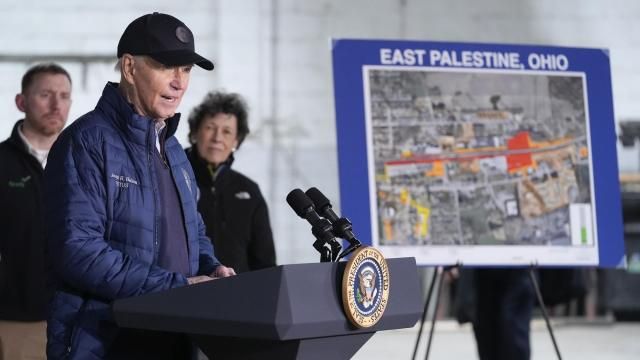 President Joe Biden speaks after touring the East Palestine Recovery Site, Friday, Feb. 16, 2024, in East Palestine, Ohio. (AP Photo/Andrew Harnik)