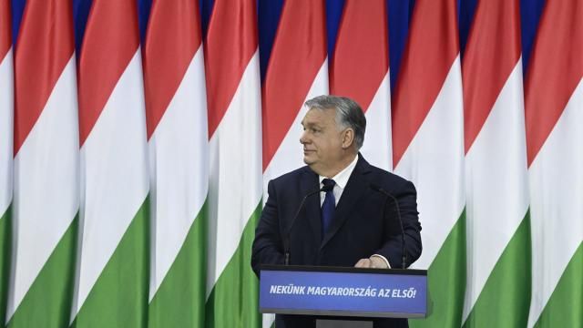 Hungary's Prime Minister Viktor Orban delivers his annual "State of Hungary" speech in Budapest, Hungary, Saturday, Feb. 17, 2024. The message on lectern reads: "For us Hungary is the first!" (Szilard Koszticsak/MTI via AP) Hungary's Prime Minister Viktor Orban delivers his annual "State of Hungary" speech in Budapest, Hungary, Saturday, Feb. 17, 2024. The message on lectern reads: "For us Hungary is the first!" (Szilard Koszticsak/MTI via AP)