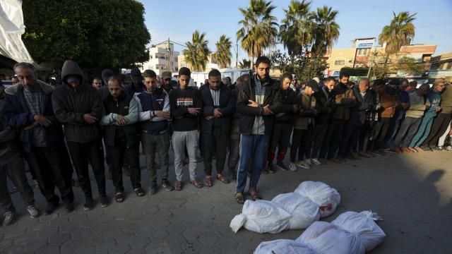 Palestinians pray for the relatives killed in the Israeli bombing in the Gaza Strip at Al Aqsa Hospital in Deir al Balah, Gaza Strip, on Saturday, Feb. 17, 2024. (AP Photo/Adel Hana) Palestinians pray for the relatives killed in the Israeli bombing in the Gaza Strip at Al Aqsa Hospital in Deir al Balah, Gaza Strip, on Saturday, Feb. 17, 2024. (AP Photo/Adel Hana)