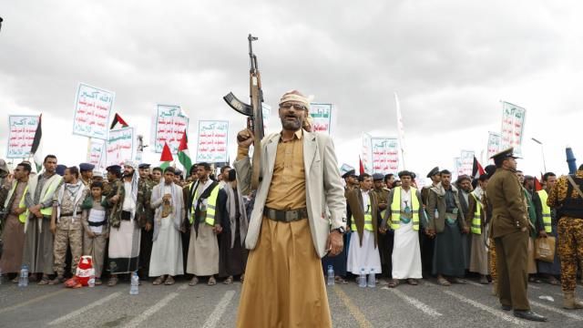 FILE - Houthi supporters attend a rally against the U.S.-led airstrikes on Yemen and in support of the Palestinians in the Gaza Strip on Yemen, in Sanaa, Yemen, Friday, Feb. 09, 2024. Despite a month of U.S.-led airstrikes, Yemen's Iranian-backed Houthi rebels have launched attacks seriously damaging a ship in the crucial Bab el-Mandeb Strait and apparently bringing down an American drone worth tens of millions of dollars. (AP Photo/Osamah Abdulrahman, File) FILE - Houthi supporters attend a rally against the U.S.-led airstrikes on Yemen and in support of the Palestinians in the Gaza Strip on Yemen, in Sanaa, Yemen, Friday, Feb. 09, 2024. Despite a month of U.S.-led airstrikes, Yemen's Iranian-backed Houthi rebels have launched attacks seriously damaging a ship in the crucial Bab el-Mandeb Strait and apparently bringing down an American drone worth tens of millions of dollars. (AP Photo/Osamah Abdulrahman, File)