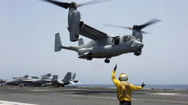 FILE -In this image provided by the U.S. Navy, Aviation Boatswain's Mate 2nd Class Nicholas Hawkins, signals an MV-22 Osprey to land on the flight deck of the USS Abraham Lincoln in the Arabian Sea on May 17, 2019. Air Force Special Operations Command said Tuesday it knows what failed on its CV-22B Osprey leading to a November crash in Japan that killed eight service members. But it still does not know why the failure happened. Because of the crash almost the entire Osprey fleet, hundreds of aircraft across the Air Force, Marine Corps and Navy, has been grounded since Dec. 6. (Mass Communication Specialist 3rd Class Amber Smalley/U.S. Navy via AP, File) FILE -In this image provided by the U.S. Navy, Aviation Boatswain's Mate 2nd Class Nicholas Hawkins, signals an MV-22 Osprey to land on the flight deck of the USS Abraham Lincoln in the Arabian Sea on May 17, 2019. Air Force Special Operations Command said Tuesday it knows what failed on its CV-22B Osprey leading to a November crash in Japan that killed eight service members. But it still does not know why the failure happened. Because of the crash almost the entire Osprey fleet, hundreds of aircraft across the Air Force, Marine Corps and Navy, has been grounded since Dec. 6. (Mass Communication Specialist 3rd Class Amber Smalley/U.S. Navy via AP, File)