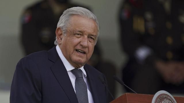 FILE - Mexican President Andres Manuel Lopez Obrador speaks during a military parade in Mexico City, Aug. 13, 2021. Mexico’s president acknowledged Tuesday, Feb. 20, 2024 that the armed forces will take over fixing the nation’s highways. (AP Photo/Fernando Llano, File) FILE - Mexican President Andres Manuel Lopez Obrador speaks during a military parade in Mexico City, Aug. 13, 2021. Mexico’s president acknowledged Tuesday, Feb. 20, 2024 that the armed forces will take over fixing the nation’s highways. (AP Photo/Fernando Llano, File)