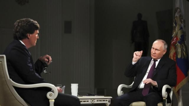 FILE - In this photo released by Sputnik news agency on Friday, Feb. 9, 2024, Russian President Vladimir Putin, right, speaks during an interview with former Fox News host Tucker Carlson at the Kremlin in Moscow, Russia, Tuesday, Feb. 6, 2024. When former Fox News host Tucker Carlson last week asked Vladimir Putin about his reasons for sending troops into Ukraine two years ago, Putin gave him a lecture on Russian history, arguing that Ukrainians and Russians historically have always been one people, and that Ukraine's sovereignty is merely an illegitimate holdover from the Soviet era. In Russia, history has long become a propaganda tool used to advance the Kremlin's political goals. (Gavriil Grigorov, Sputnik, Kremlin, Pool Photo via AP, File) FILE - In this photo released by Sputnik news agency on Friday, Feb. 9, 2024, Russian President Vladimir Putin, right, speaks during an interview with former Fox News host Tucker Carlson at the Kremlin in Moscow, Russia, Tuesday, Feb. 6, 2024. When former Fox News host Tucker Carlson last week asked Vladimir Putin about his reasons for sending troops into Ukraine two years ago, Putin gave him a lecture on Russian history, arguing that Ukrainians and Russians historically have always been one people, and that Ukraine's sovereignty is merely an illegitimate holdover from the Soviet era. In Russia, history has long become a propaganda tool used to advance the Kremlin's political goals. (Gavriil Grigorov, Sputnik, Kremlin, Pool Photo via AP, File)