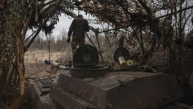 Ukrainian soldiers prepare a self-propelled artillery vehicle Gvozdika to fire towards the Russian positions on the frontline in the Donetsk region, Ukraine, Friday, Feb. 16, 2024. (Roman Chop via AP) Ukrainian soldiers prepare a self-propelled artillery vehicle Gvozdika to fire towards the Russian positions on the frontline in the Donetsk region, Ukraine, Friday, Feb. 16, 2024. (Roman Chop via AP)