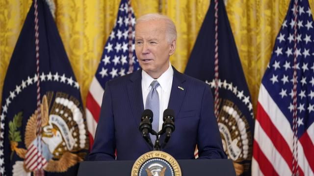 FILE - President Joe Biden speaks in the East Room of the White House, Feb. 23, 2024, in Washington. Biden will convene the top four congressional leaders at the White House on Tuesday, Feb. 27, to discuss the emergency aid package for Ukraine and Israel, as well as avoiding a government shutdown next month, according to an anonymous White House official. The top four leaders include House Speaker Mike Johnson, R-La., Senate Majority Leader Chuck Schumer, D-N.Y., House Minority Leader Hakeem Jeffries, D-N.Y., and Senate Minority Leader Mitch McConnell, R-Ky. (AP Photo/Evan Vucci, File) FILE - President Joe Biden speaks in the East Room of the White House, Feb. 23, 2024, in Washington. Biden will convene the top four congressional leaders at the White House on Tuesday, Feb. 27, to discuss the emergency aid package for Ukraine and Israel, as well as avoiding a government shutdown next month, according to an anonymous White House official. The top four leaders include House Speaker Mike Johnson, R-La., Senate Majority Leader Chuck Schumer, D-N.Y., House Minority Leader Hakeem Jeffries, D-N.Y., and Senate Minority Leader Mitch McConnell, R-Ky. (AP Photo/Evan Vucci, File)