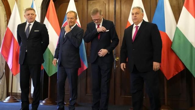 From left, Prime Minister of Slovakia Robert Fico, Prime Minsiter of Poland Donald Tusk, Prime Minister of Czech Republic Petr Fiala, and Prime Minister of Hungary Viktor Orban pose for a photo during their V4 meeting in Prague, Czech Republic, Tuesday, Feb. 27, 2024. (AP Photo/Petr David Josek) From left, Prime Minister of Slovakia Robert Fico, Prime Minsiter of Poland Donald Tusk, Prime Minister of Czech Republic Petr Fiala, and Prime Minister of Hungary Viktor Orban pose for a photo during their V4 meeting in Prague, Czech Republic, Tuesday, Feb. 27, 2024. (AP Photo/Petr David Josek)
