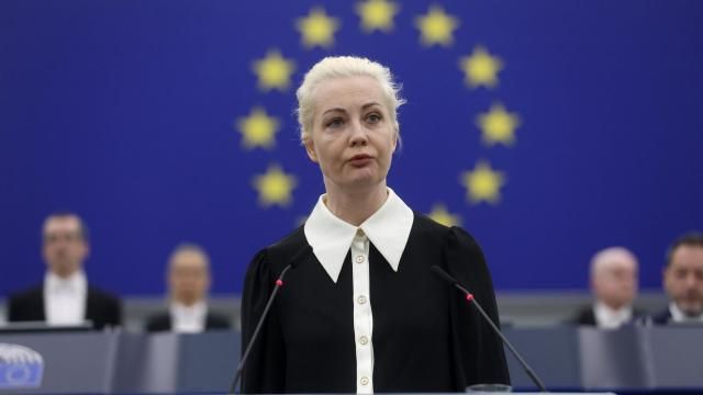 Yulia Navalnaya, widow of Russian opposition leader Alexei Navalny addresses the European Union's parliament on Wednesday Feb. 28, 2024 in Strasbourg, eastern France. The grief-stricken widow of Russian opposition leader Alexei Navalny implored the 27-nation bloc to stand up to Russian President Vladimir Putin. The legislature often interrupted her speech with applause and lauded her efforts to keep the memory of Navalny alive. (AP Photo/Jean-Francois Badias) Yulia Navalnaya, widow of Russian opposition leader Alexei Navalny addresses the European Union's parliament on Wednesday Feb. 28, 2024 in Strasbourg, eastern France. The grief-stricken widow of Russian opposition leader Alexei Navalny implored the 27-nation bloc to stand up to Russian President Vladimir Putin. The legislature often interrupted her speech with applause and lauded her efforts to keep the memory of Navalny alive. (AP Photo/Jean-Francois Badias)