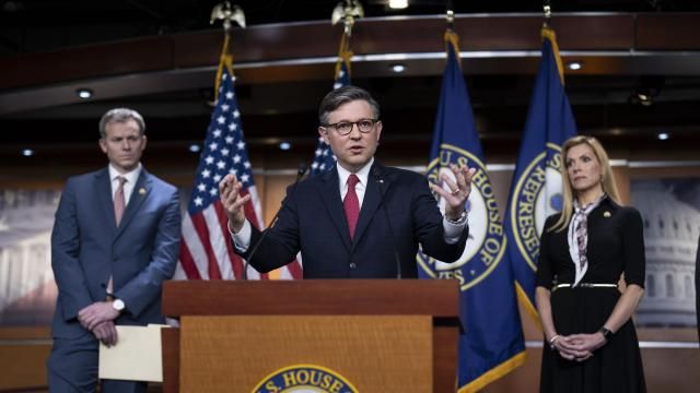 Speaker of the House Mike Johnson, R-La., center, flanked by Rep. Blake Moore, R-Utah, left, and Rep. Beth Van Duyne, R-Texas, discusses President Joe Biden for his policies at the Mexican border during a news conference at the Capitol in Washington, Thursday, Feb. 29, 2024. (AP Photo/J. Scott Applewhite) Speaker of the House Mike Johnson, R-La., center, flanked by Rep. Blake Moore, R-Utah, left, and Rep. Beth Van Duyne, R-Texas, discusses President Joe Biden for his policies at the Mexican border during a news conference at the Capitol in Washington, Thursday, Feb. 29, 2024. (AP Photo/J. Scott Applewhite)