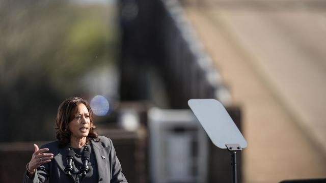 Vice President Kamala Harris speaks before walking with others across the Edmund Pettus Bridge commemorating the 59th anniversary of the Bloody Sunday voting rights march in 1965, Sunday, March 3, 2024, in Selma, Ala. (AP Photo/Mike Stewart)
