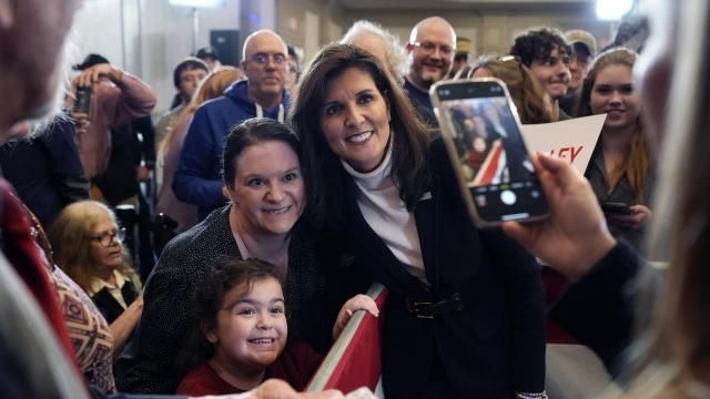 Republican presidential candidate former UN Ambassador Nikki Haley poses for a selfie after speaking at a campaign event in South Burlington, Vermont, Sunday, March 3, 2024. (AP Photo/Michael Dwyer) Republican presidential candidate former UN Ambassador Nikki Haley poses for a selfie after speaking at a campaign event in South Burlington, Vermont, Sunday, March 3, 2024. (AP Photo/Michael Dwyer)