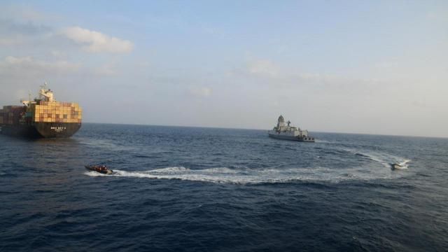 This photograph shared by Indian navy on the X platform shows a firefighting team from Indian Navy vessel INS Kolkata responding to a fire on Liberian-flagged Merchant ship MSC Sky II caused due to a suspected drone/missile attack in the Gulf of Aden, Tuesday, March 5, 2024. (Indian Navy on X via AP) This photograph shared by Indian navy on the X platform shows a firefighting team from Indian Navy vessel INS Kolkata responding to a fire on Liberian-flagged Merchant ship MSC Sky II caused due to a suspected drone/missile attack in the Gulf of Aden, Tuesday, March 5, 2024. (Indian Navy on X via AP)