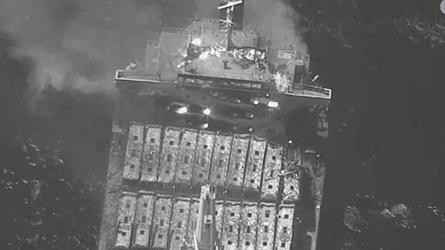 This black-and-white image released by the U.S. military's Central Command shows the fire aboard the bulk carrier True Confidence after a missile attack by Yemen's Houthi rebels in the Gulf of Aden on Wednesday, March 6, 2024. A missile attack by Yemen's Houthi rebels on a commercial ship in the Gulf of Aden on Wednesday killed three of its crew members and forced survivors to abandon the vessel, the U.S. military said. It was the first fatal strike in a campaign of assaults by the Iranian-backed group over Israel's war on Hamas in the Gaza Strip. (U.S. Central Command via AP) This black-and-white image released by the U.S. military's Central Command shows the fire aboard the bulk carrier True Confidence after a missile attack by Yemen's Houthi rebels in the Gulf of Aden on Wednesday, March 6, 2024. A missile attack by Yemen's Houthi rebels on a commercial ship in the Gulf of Aden on Wednesday killed three of its crew members and forced survivors to abandon the vessel, the U.S. military said. It was the first fatal strike in a campaign of assaults by the Iranian-backed group over Israel's war on Hamas in the Gaza Strip. (U.S. Central Command via AP)