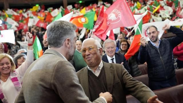 FILE - Socialist Party leader Pedro Nuno Santos, left, greets Portuguese Prime Minister Antonio Costa as he arrives for an election campaign rally in Lisbon, March 5, 2024. Portugal's March 10 election is taking place because then Socialist leader Antonio Costa resigned after eight years as prime minister. (AP Photo/Armando Franca, File) FILE - Socialist Party leader Pedro Nuno Santos, left, greets Portuguese Prime Minister Antonio Costa as he arrives for an election campaign rally in Lisbon, March 5, 2024. Portugal's March 10 election is taking place because then Socialist leader Antonio Costa resigned after eight years as prime minister. (AP Photo/Armando Franca, File)