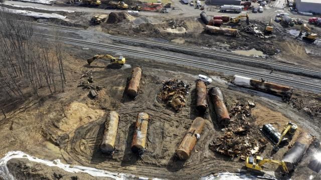 FILE - A view of the scene Friday, Feb. 24, 2023, as the cleanup continues at the site of a Norfolk Southern freight train derailment that happened on Feb. 3 in East Palestine, Ohio. Norfolk Southern alone will be responsible for paying for the cleanup after last year's fiery train derailment in eastern Ohio, a federal judge ruled, Wednesday, March 6, 2024. (AP Photo/Matt Freed, File) FILE - A view of the scene Friday, Feb. 24, 2023, as the cleanup continues at the site of a Norfolk Southern freight train derailment that happened on Feb. 3 in East Palestine, Ohio. Norfolk Southern alone will be responsible for paying for the cleanup after last year's fiery train derailment in eastern Ohio, a federal judge ruled, Wednesday, March 6, 2024. (AP Photo/Matt Freed, File)