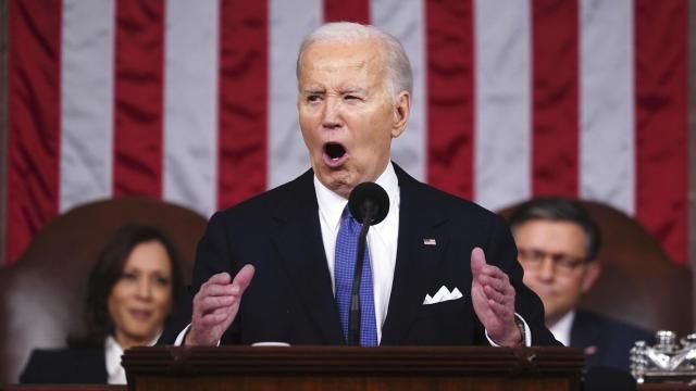FILE - President Joe Biden delivers the State of the Union address to a joint session of Congress at the Capitol, March 7, 2024, in Washington. Seated at left is Vice President Kamala Harris and at right is House Speaker Mike Johnson, R-La. Biden made abortion and reproductive rights a central theme of his State of the Union speech, but he never mentioned the word "abortion." Pushback over how he addressed the issue is the latest example of Biden's fraught history with the topic. (Shawn Thew/Pool via AP, File) FILE - President Joe Biden delivers the State of the Union address to a joint session of Congress at the Capitol, March 7, 2024, in Washington. Seated at left is Vice President Kamala Harris and at right is House Speaker Mike Johnson, R-La. Biden made abortion and reproductive rights a central theme of his State of the Union speech, but he never mentioned the word "abortion." Pushback over how he addressed the issue is the latest example of Biden's fraught history with the topic. (Shawn Thew/Pool via AP, File)