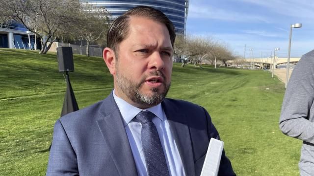 FILE - Democrat Ruben Gallego talks to reporters outside the Silicon Valley Bank office in Tempe, Ariz., Tuesday, March 14, 2023. Gallego began airing the first television ads of his U.S. Senate campaign on Tuesday, March 12, 2024, as the crucial Arizona race takes shape as a one-on-one contest after incumbent Kyrsten Sinema declined to run for a second term. (AP Photo/Jonathan J. Cooper, File) FILE - Democrat Ruben Gallego talks to reporters outside the Silicon Valley Bank office in Tempe, Ariz., Tuesday, March 14, 2023. Gallego began airing the first television ads of his U.S. Senate campaign on Tuesday, March 12, 2024, as the crucial Arizona race takes shape as a one-on-one contest after incumbent Kyrsten Sinema declined to run for a second term. (AP Photo/Jonathan J. Cooper, File)