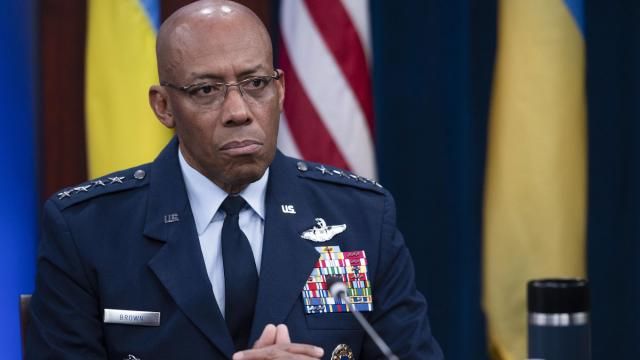 FILE - Chairman of the Joint Chiefs of Staff Air Force Gen. CQ Brown, participates in a virtual Ukraine Defense Contact Group (UDCG) meeting Nov. 22, 2023, at the Pentagon in Washington. Brown is visiting U.S. weapon factories in Oklahoma and Arkansas to address concerns over billions of dollars being sent overseas to Ukraine and other allies when there are so many needs at home. (AP Photo/Cliff Owen, File) FILE - Chairman of the Joint Chiefs of Staff Air Force Gen. CQ Brown, participates in a virtual Ukraine Defense Contact Group (UDCG) meeting Nov. 22, 2023, at the Pentagon in Washington. Brown is visiting U.S. weapon factories in Oklahoma and Arkansas to address concerns over billions of dollars being sent overseas to Ukraine and other allies when there are so many needs at home. (AP Photo/Cliff Owen, File)