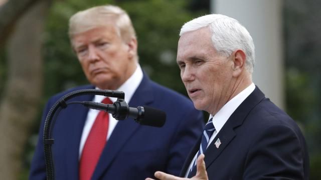FILE - President Donald Trump listens as Vice President Mike Pence speaks during a briefing at the White House, March 29, 2020, in Washington. In an interview with Fox News Channel Friday, March 15, 2024, Pence said he will not be backing Donald Trump in the 2024 election. "It should come as no surprise that I will not be endorsing Donald Trump this year," he said. (AP Photo/Patrick Semansky, File) FILE - President Donald Trump listens as Vice President Mike Pence speaks during a briefing at the White House, March 29, 2020, in Washington. In an interview with Fox News Channel Friday, March 15, 2024, Pence said he will not be backing Donald Trump in the 2024 election. "It should come as no surprise that I will not be endorsing Donald Trump this year," he said. (AP Photo/Patrick Semansky, File)