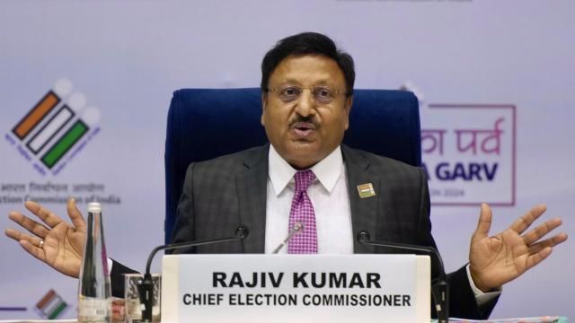 Chief Election Commissioner of India, Rajiv Kumar, speaks at a press conference organized by the commission to announce dates for the national elections, in New Delhi, India, Saturday, March 16, 2024. (AP Photo/Manish Swarup) Chief Election Commissioner of India, Rajiv Kumar, speaks at a press conference organized by the commission to announce dates for the national elections, in New Delhi, India, Saturday, March 16, 2024. (AP Photo/Manish Swarup)