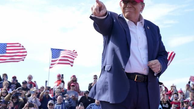 Republican presidential candidate former President Donald Trump gestures to the crowd at a campaign rally Saturday, March 16, 2024, in Vandalia, Ohio. (AP Photo/Jeff Dean) Republican presidential candidate former President Donald Trump gestures to the crowd at a campaign rally Saturday, March 16, 2024, in Vandalia, Ohio. (AP Photo/Jeff Dean)
