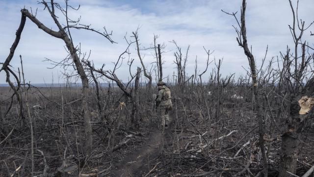 A Ukrainian soldier walks in position on the front-line near Klishchyivka, Donetsk region, Ukraine, Monday, March 18, 2024. (Iryna Rybakova via AP) A Ukrainian soldier walks in position on the front-line near Klishchyivka, Donetsk region, Ukraine, Monday, March 18, 2024. (Iryna Rybakova via AP)