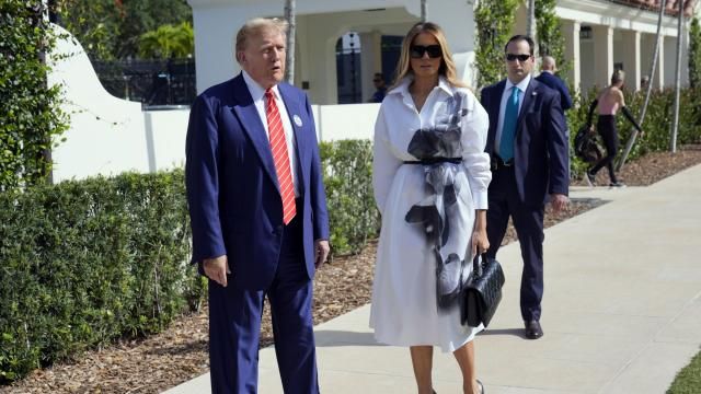 Republican presidential candidate former President Donald Trump and former first lady Melania Trump pauses to speak after voting in the Florida primary election in Palm Beach, Fla., Tuesday, March 19, 2024. (AP Photo/Wilfredo Lee) Republican presidential candidate former President Donald Trump and former first lady Melania Trump pauses to speak after voting in the Florida primary election in Palm Beach, Fla., Tuesday, March 19, 2024. (AP Photo/Wilfredo Lee)