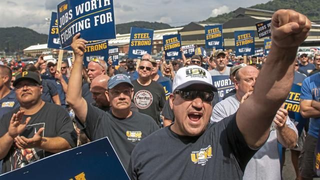 FILE - Tom Duffy of Clairton raises his fist as hundreds of United Steelworkers rally and march on Thursday, Aug. 30, 2018, in Clairton, Pa. The United Steelworkers Union has endorsed President Joe Biden Wednesday, March 20, 2024, giving him support from another large labor union. (Steph Chambers/Pittsburgh Post-Gazette via AP, File) FILE - Tom Duffy of Clairton raises his fist as hundreds of United Steelworkers rally and march on Thursday, Aug. 30, 2018, in Clairton, Pa. The United Steelworkers Union has endorsed President Joe Biden Wednesday, March 20, 2024, giving him support from another large labor union. (Steph Chambers/Pittsburgh Post-Gazette via AP, File)
