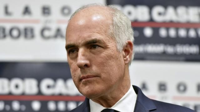 Sen. Bob Casey, D-Pa., listens to a speaker during an event at AFSCME Council 13 offices, March 14, 2024, in Harrisburg, Pa. For Democrats trying to defend the White House and Senate majority, Casey is emerging as the tip of the spear in trying to reframe the election-year narrative around inflation, a key soft spot in 2024 for Democrats on the all-important voter issue of the economy. (AP Photo/Marc Levy) Sen. Bob Casey, D-Pa., listens to a speaker during an event at AFSCME Council 13 offices, March 14, 2024, in Harrisburg, Pa. For Democrats trying to defend the White House and Senate majority, Casey is emerging as the tip of the spear in trying to reframe the election-year narrative around inflation, a key soft spot in 2024 for Democrats on the all-important voter issue of the economy. (AP Photo/Marc Levy)