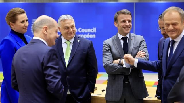 From left, Denmark's Prime Minister Mette Frederiksen, Germany's Chancellor Olaf Scholz, Hungary's Prime Minister Viktor Orban, French President Emmanuel Macron and Poland's Prime Minister Donald Tusk during a round table meeting at an EU Summit in Brussels, Thursday, March 21, 2024. European Union leaders are gathering to consider new ways to help boost arms and ammunition production for Ukraine. Leaders will also discuss in Thursday's summit the war in Gaza amid deep concern about Israeli plans to launch a ground offensive in the city of Rafah. (AP Photo/Geert Vanden Wijngaert) From left, Denmark's Prime Minister Mette Frederiksen, Germany's Chancellor Olaf Scholz, Hungary's Prime Minister Viktor Orban, French President Emmanuel Macron and Poland's Prime Minister Donald Tusk during a round table meeting at an EU Summit in Brussels, Thursday, March 21, 2024. European Union leaders are gathering to consider new ways to help boost arms and ammunition production for Ukraine. Leaders will also discuss in Thursday's summit the war in Gaza amid deep concern about Israeli plans to launch a ground offensive in the city of Rafah. (AP Photo/Geert Vanden Wijngaert)