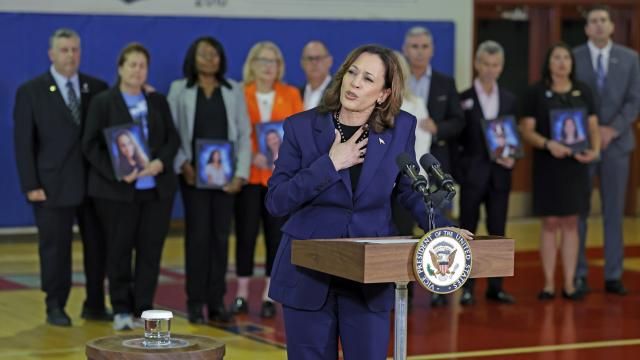 Vice President Kamala Harris speaks to the media after she and the White House Office of Gun Violence Prevention met with families whose loved ones were murdered during the 2018 mass shooting that took the lives of 14 students and three staff members at Marjory Stoneman Douglas High School in Parkland, Fla., Saturday, March 23, 2024. (Al Diaz/Miami Herald via AP) Vice President Kamala Harris speaks to the media after she and the White House Office of Gun Violence Prevention met with families whose loved ones were murdered during the 2018 mass shooting that took the lives of 14 students and three staff members at Marjory Stoneman Douglas High School in Parkland, Fla., Saturday, March 23, 2024. (Al Diaz/Miami Herald via AP)