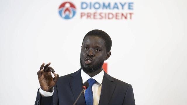Bassirou Diomaye Faye holds a press conference after winning the presidential elections in Dakar, Senegal, Monday, March 25, 2024. (AP Photo/Mosa'ab Elshamy) Bassirou Diomaye Faye holds a press conference after winning the presidential elections in Dakar, Senegal, Monday, March 25, 2024. (AP Photo/Mosa'ab Elshamy)