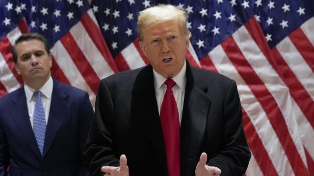 Former President Donald Trump speaks during a press conference at 40 Wall Street after a pre-trial hearing at Manhattan criminal court, Monday, March 25, 2024, in New York. A New York judge has scheduled an April 15 trial date in former President Donald Trump's hush money case. Judge Juan M. Merchan made the ruling Monday.(AP Photo/Frank Franklin II) Former President Donald Trump speaks during a press conference at 40 Wall Street after a pre-trial hearing at Manhattan criminal court, Monday, March 25, 2024, in New York. A New York judge has scheduled an April 15 trial date in former President Donald Trump's hush money case. Judge Juan M. Merchan made the ruling Monday.(AP Photo/Frank Franklin II)