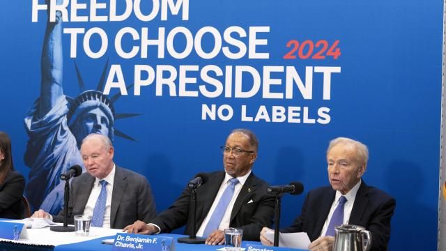FILE - No Labels leadership and guests from left, Dan Webb, National Co-Chair Dr. Benjamin F. Chavis, and founding Chairman and former Sen. Joe Lieberman, speak about the 2024 election at National Press Club, in Washington, Jan. 18, 2024. (AP Photo/Jose Luis Magana, File)