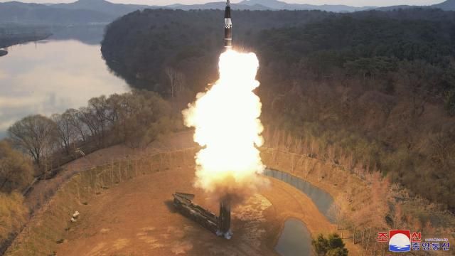 This photo provided by the North Korean government shows the test-fire of what they call an intermediate-range ballistic missile on the outskirts of Pyongyang, North Korea Tuesday, April 2, 2024. Independent journalists were not given access to cover the event depicted in this image distributed by the North Korean government. The content of this image is as provided and cannot be independently verified. Korean language watermark on image as provided by source reads: "KCNA" which is the abbreviation for Korean Central News Agency. (Korean Central News Agency/Korea News Service via AP) This photo provided by the North Korean government shows the test-fire of what they call an intermediate-range ballistic missile on the outskirts of Pyongyang, North Korea Tuesday, April 2, 2024. Independent journalists were not given access to cover the event depicted in this image distributed by the North Korean government. The content of this image is as provided and cannot be independently verified. Korean language watermark on image as provided by source reads: "KCNA" which is the abbreviation for Korean Central News Agency. (Korean Central News Agency/Korea News Service via AP)