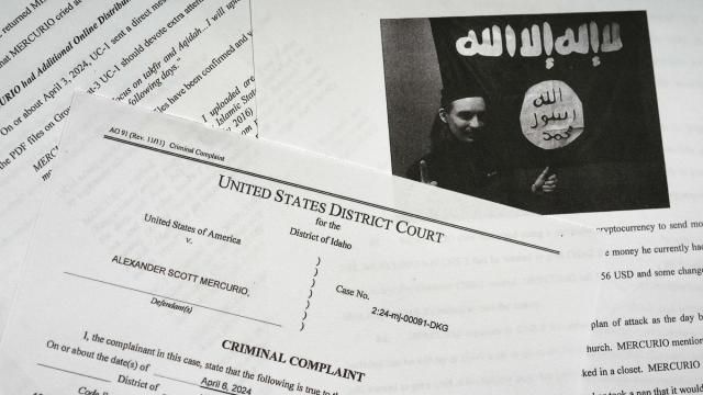 The criminal complaint against Alexander Scott Mercurio is photographed on Tuesday, April 9, 2024. Mercurio, 18, is charged with attempting to provide material support to the Islamic State group after prosecutors said he planned to carry out an attack on a Coeur d'Alene church. Mercurio was arrested Saturday, and the charges were unsealed in Idaho's U.S. District Court on Monday. (AP Photo/Jenny Kane) The criminal complaint against Alexander Scott Mercurio is photographed on Tuesday, April 9, 2024. Mercurio, 18, is charged with attempting to provide material support to the Islamic State group after prosecutors said he planned to carry out an attack on a Coeur d'Alene church. Mercurio was arrested Saturday, and the charges were unsealed in Idaho's U.S. District Court on Monday. (AP Photo/Jenny Kane)