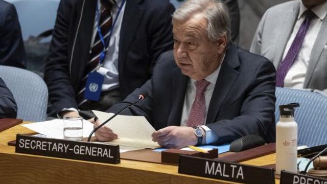 United Nations Secretary-General Antonio Guterres addresses the United Nations Security Council during an emergency meeting at U.N. headquarters, Sunday, April 14, 2024. (AP Photo/Yuki Iwamura) United Nations Secretary-General Antonio Guterres addresses the United Nations Security Council during an emergency meeting at U.N. headquarters, Sunday, April 14, 2024. (AP Photo/Yuki Iwamura)