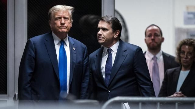 Former President Donald Trump and attorney Todd Blanche return from a lunch break in his trial at Manhattan criminal court in New York on Thursday, April 18, 2024. (Jabin Botsford/The Washington Post via AP, Pool)