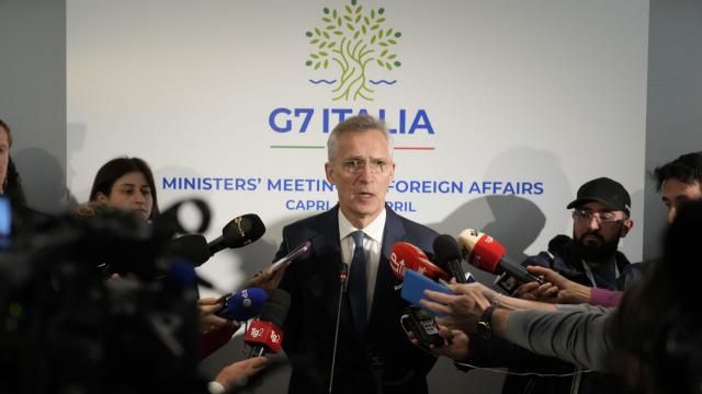 NATO's Secretary General Jens Stoltenberg, center, speaks to reporters in the Italian resort island of Capri, Thursday, April 18, 2024, where he's attending a G7 foreign Ministers meeting. (AP Photo/Gregorio Borgia) NATO's Secretary General Jens Stoltenberg, center, speaks to reporters in the Italian resort island of Capri, Thursday, April 18, 2024, where he's attending a G7 foreign Ministers meeting. (AP Photo/Gregorio Borgia)